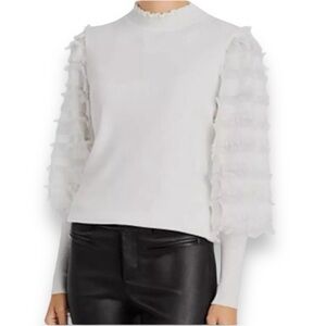 SIONI MILANO WHITE MOCK NECK FRINGE TRIM LONG SLEEVE SWEATER. WOMEN’S SIZE LARGE